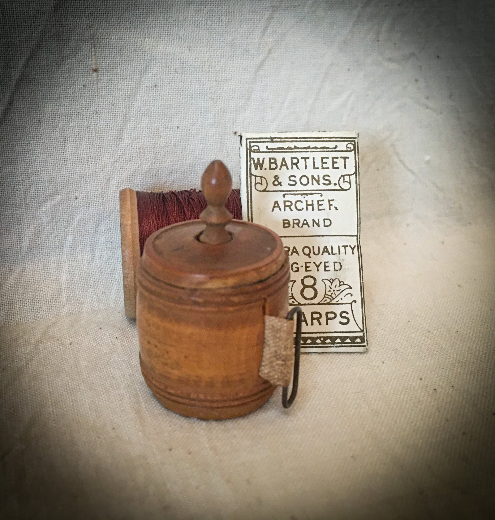 Antique Barrel Shaped Carved Wood Tape Measure