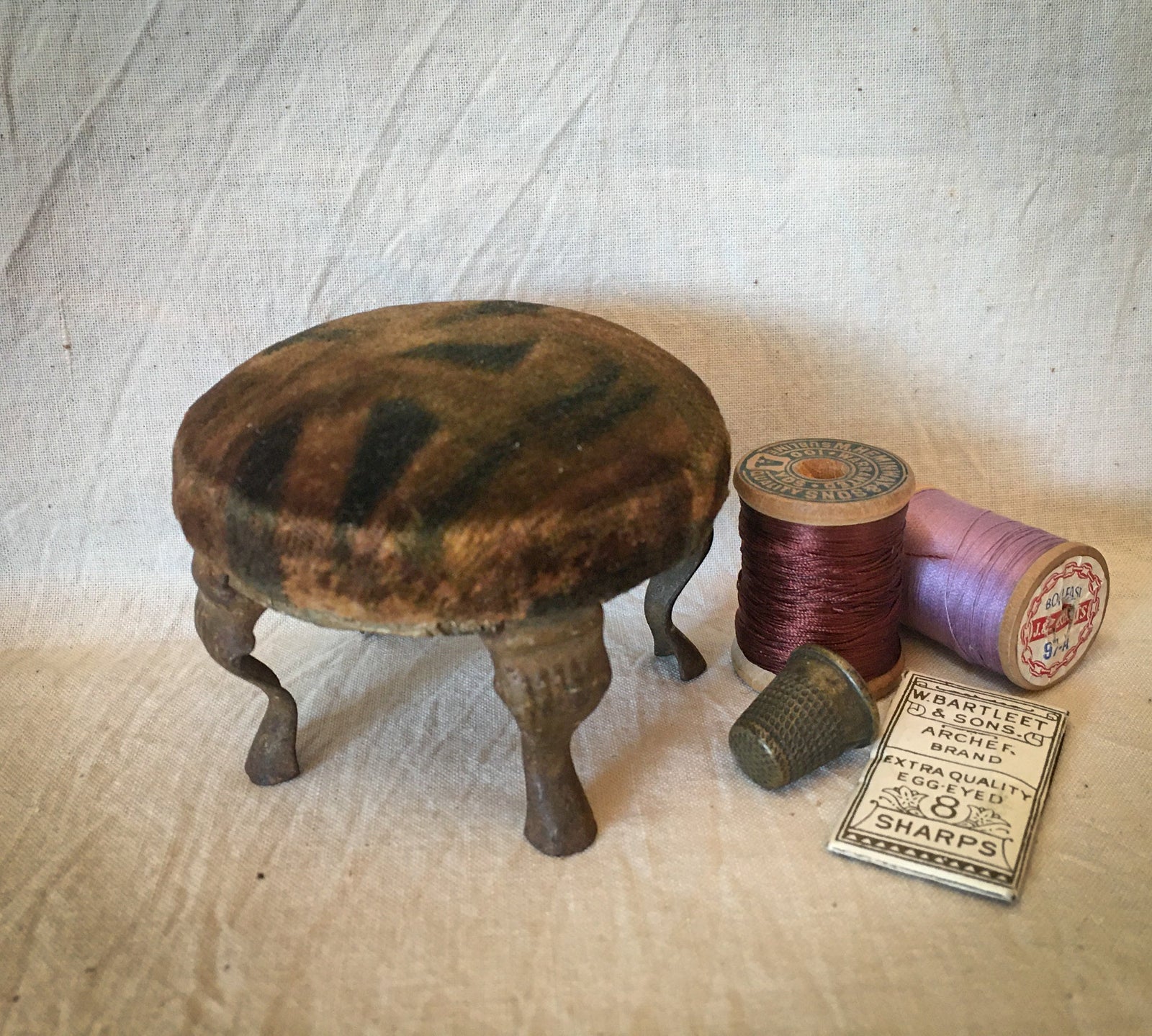 Vintage Footstool Pincushion, Advertising Premium for “McGrath’s Big Store Woburn, MA”
