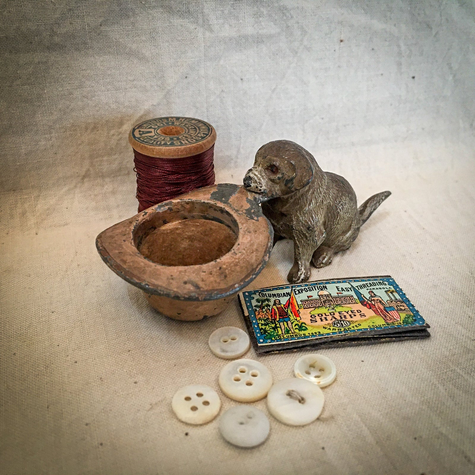 1890’s – 1910’s Cast Iron or Cold Painted Bronze Dog with Hat Pincushion