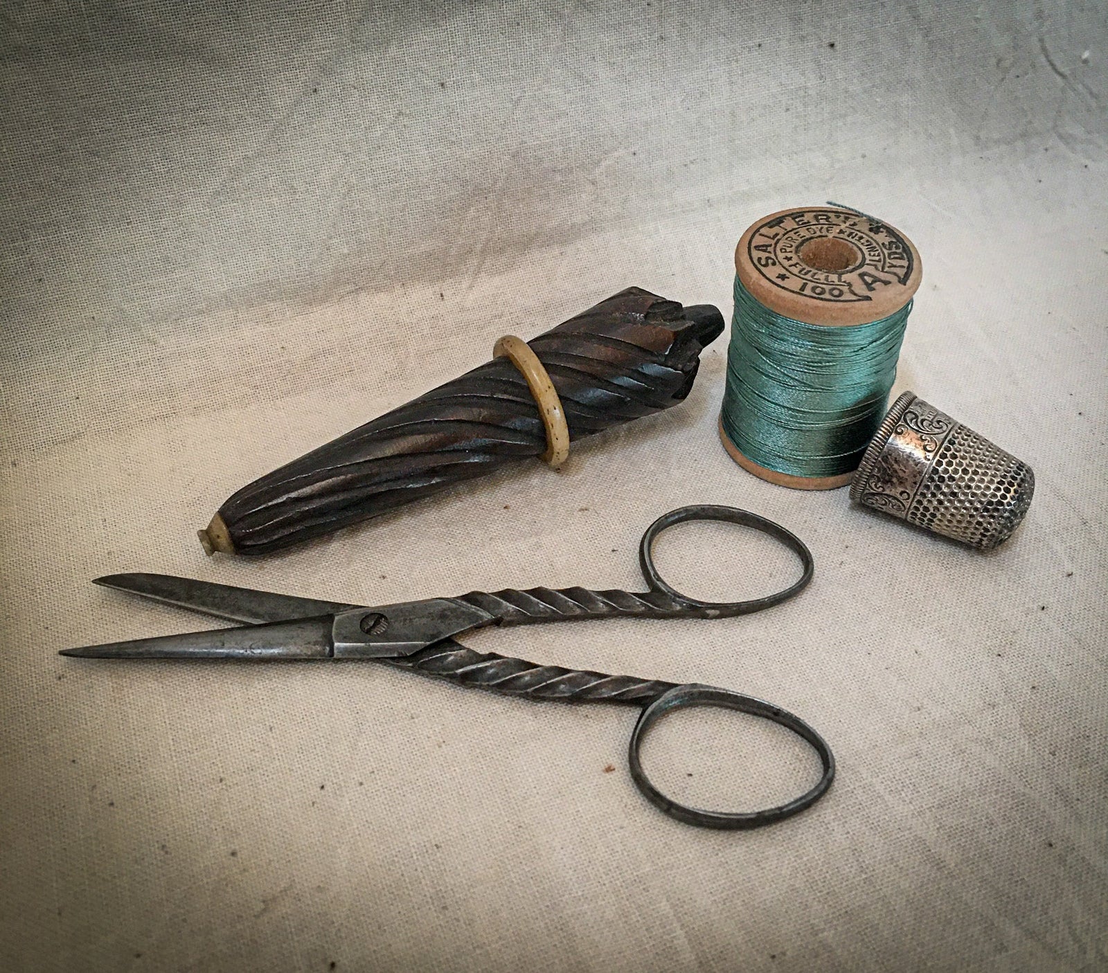 19th Century Steel Sewing Scissors and Carved Needle Case
