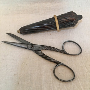 19th Century Steel Sewing Scissors and Carved Needle Case