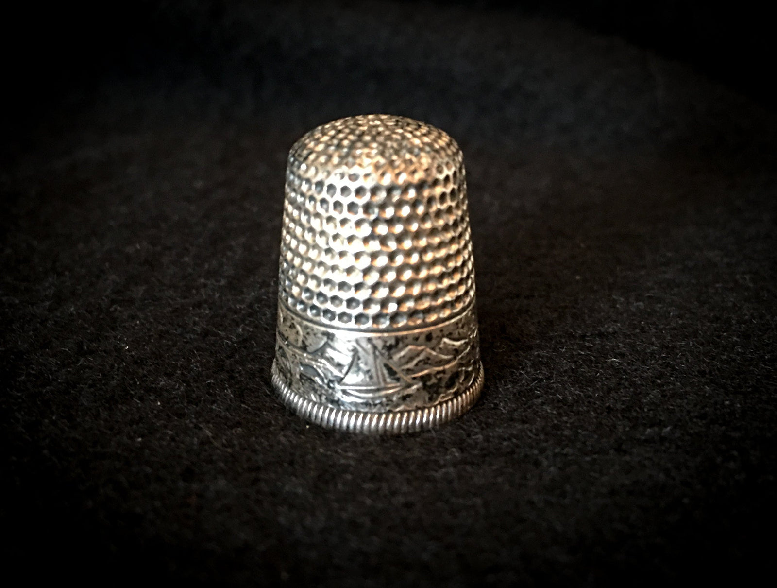Waite Thresher Co., Sterling Silver Thimble with Lighthouse, Fishing Village Scene, Size 9