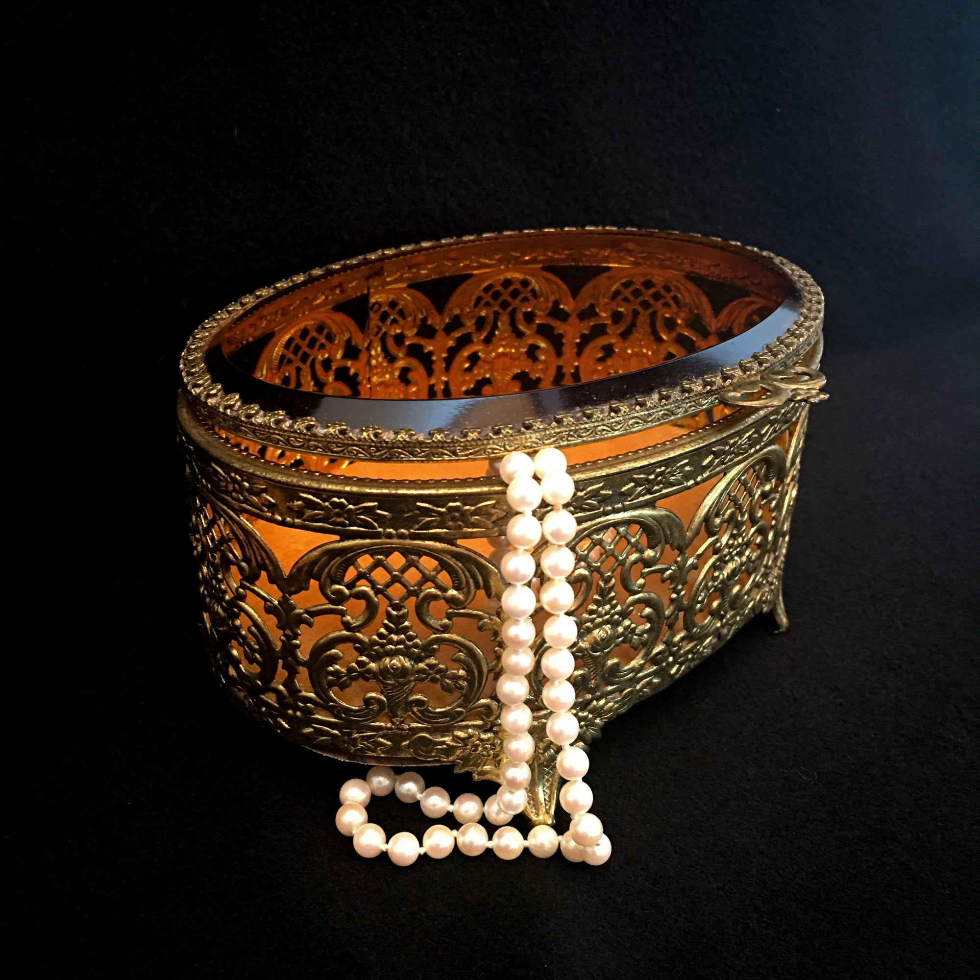 Vintage Jewelry Casket, Brass and Amber Glass