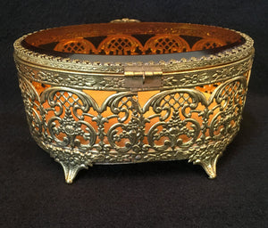 Vintage Jewelry Casket, Brass and Amber Glass