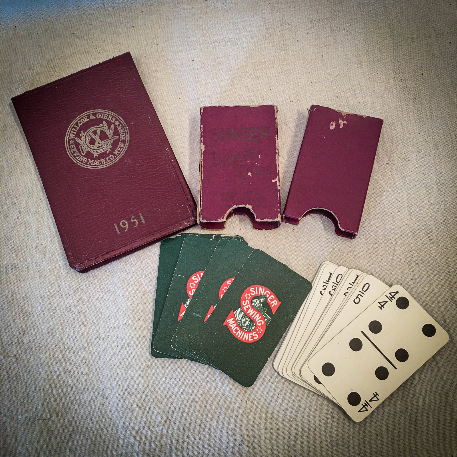 1914-1918 Singer Sewing Machine Domino Cards, 1951 Wilcox & Gibbs Sewing Machine Notepad with Mini Catalog