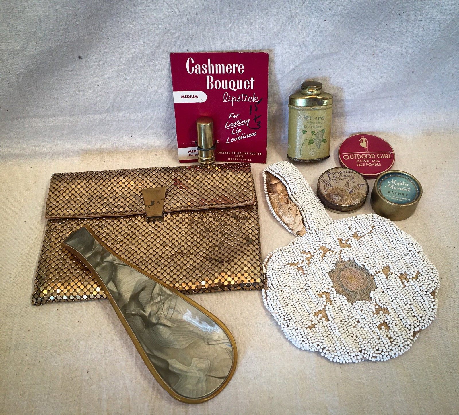 Vintage Whiting & Davis Clutch, Tiny Cosmetics, Bakelite Shoehorn, Belgium Beaded Purse