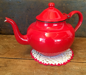 1940’s Enamelware Teapot and Teacups, Crocheted Potholder