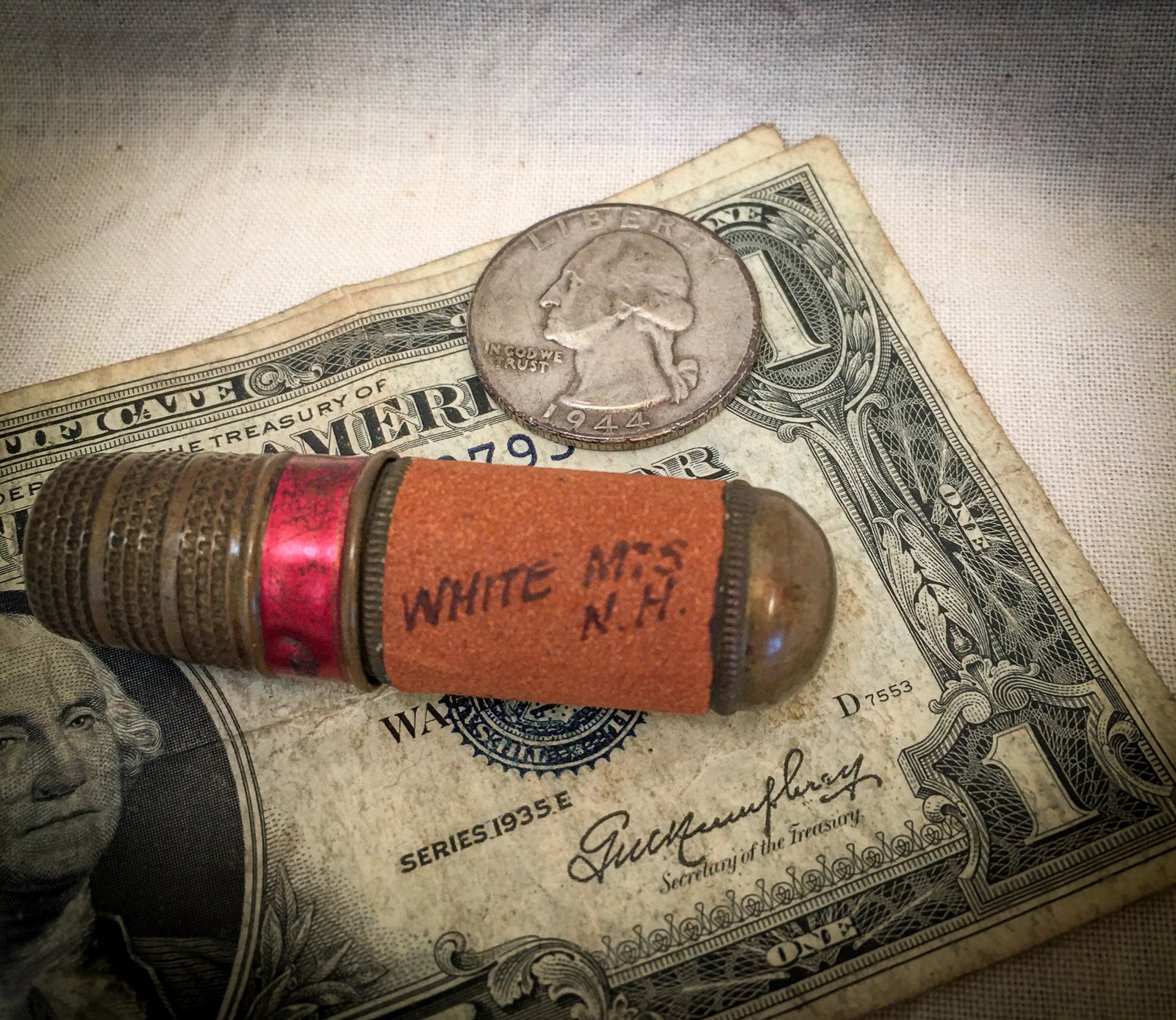 Brass Travel/Purse Sewing Kit, Souvenir of White Mts, NH