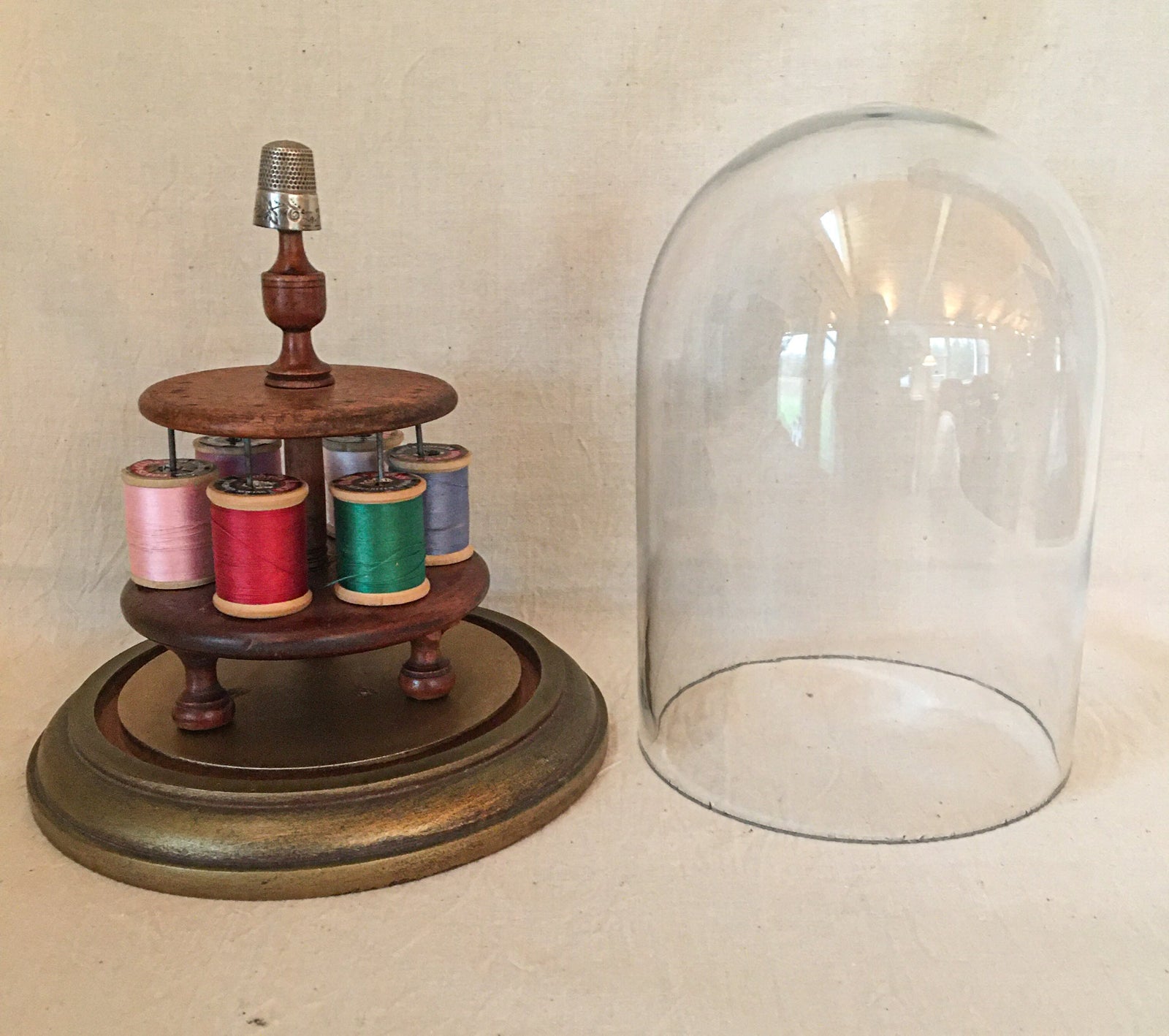 Antique Wooden Spool Holder with Sterling Silver Thimble and Coats & Clark Thread in Glass Dome Display Case