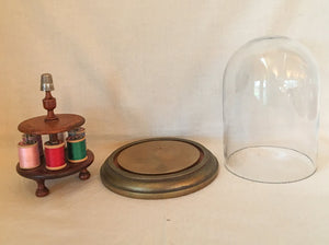Antique Wooden Spool Holder with Sterling Silver Thimble and Coats & Clark Thread in Glass Dome Display Case