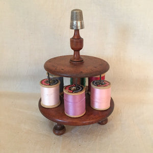 Antique Wooden Spool Holder with Sterling Silver Thimble and Coats & Clark Thread in Glass Dome Display Case