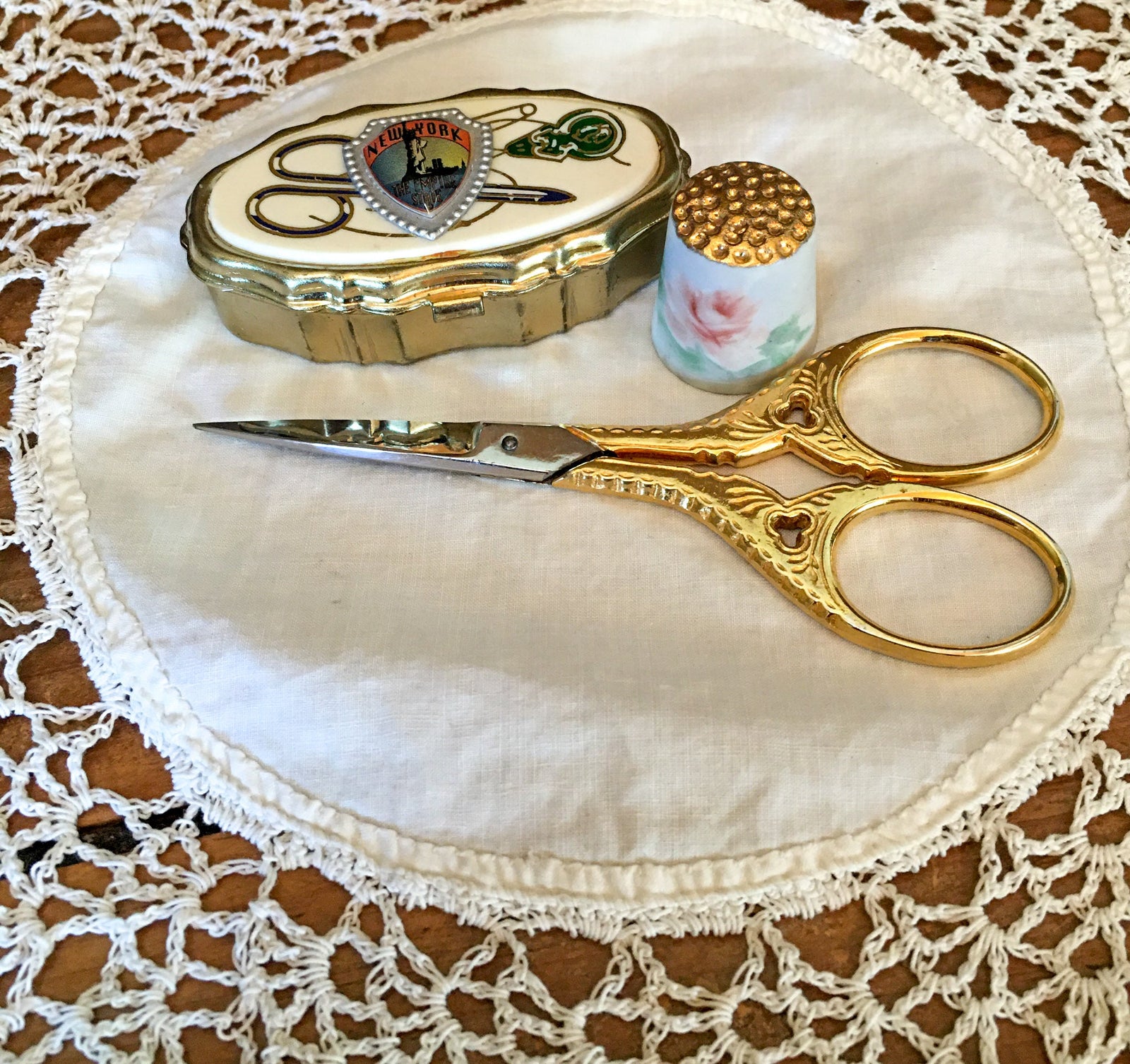 Glittery Gold:  Klaas Solingen Sewing Scissors, Porcelain Thimble, New York Souvenir Sewing Kit
