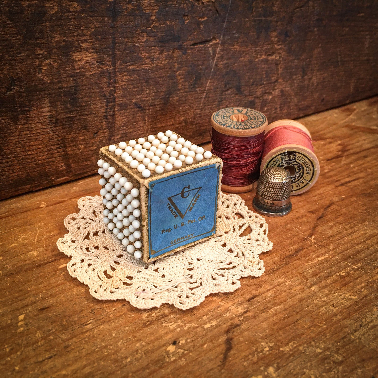 Early 1900’s Neuss Pin Mfg Co. Pin Block with Glass Head Steel Pins, Made in Germany