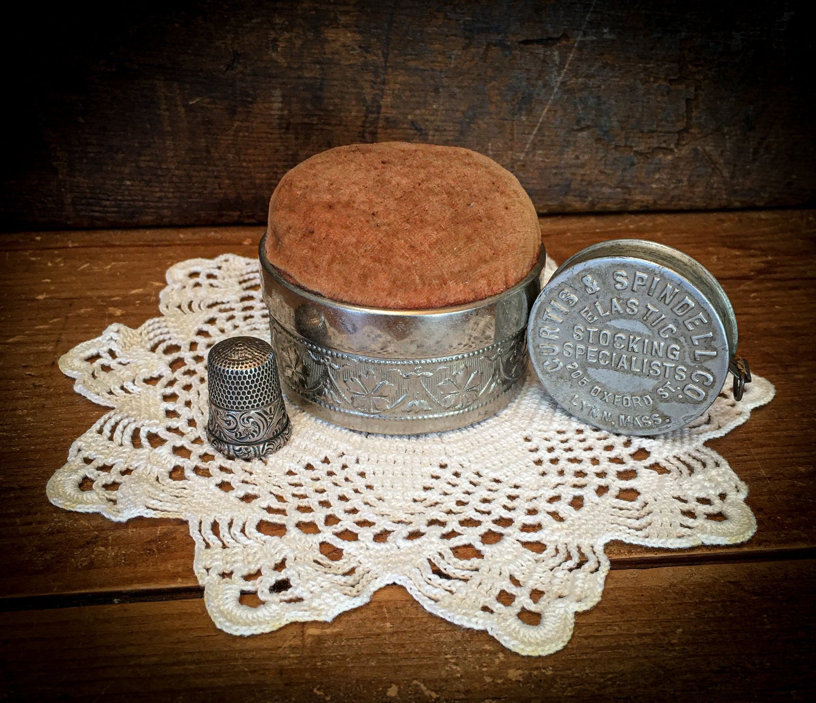 1920’s Metal Tape Measure, Mid-Century Pincushion, Sterling Silver Thimble