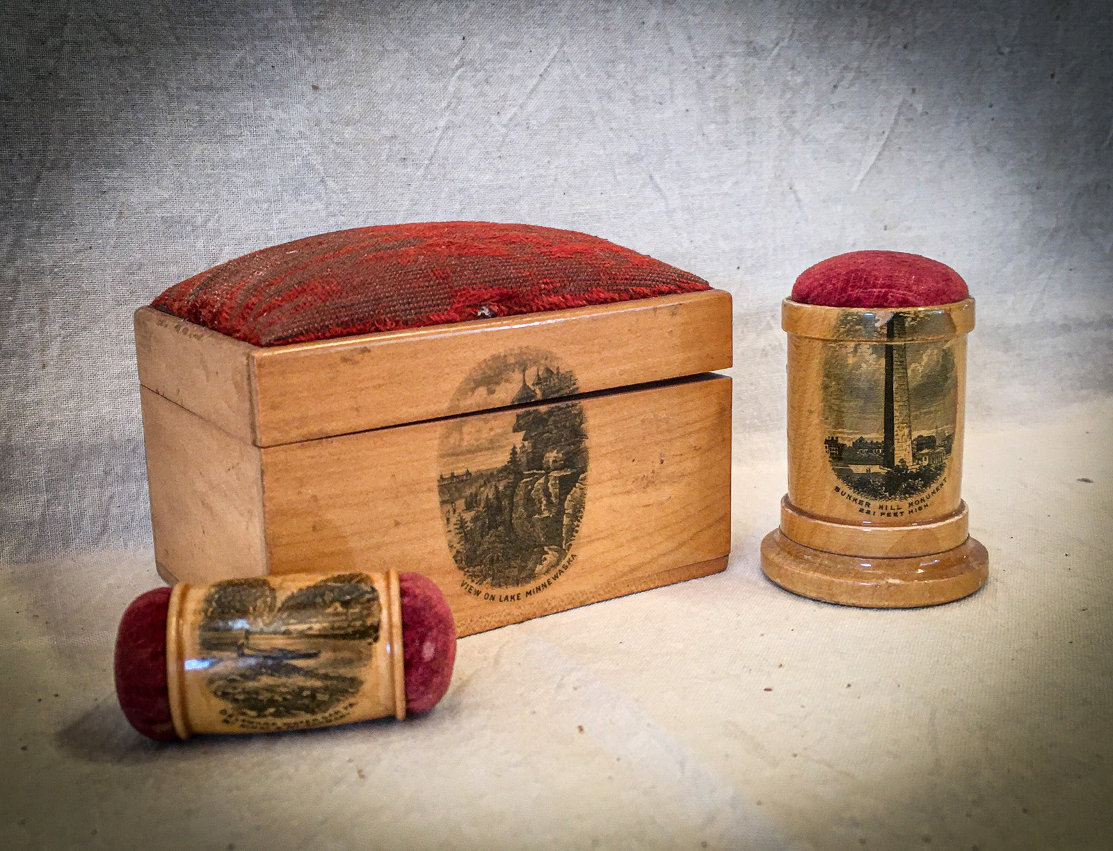 1880’s – 1910’s Mauchline Ware Sewing Trio with Simons Bros Sterling Silver Thimble