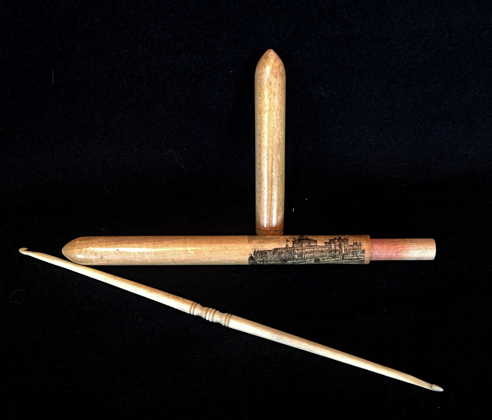 1880’s – 1910’s Mauchline Ware Needle Case with Double Ended Bone Crochet Hook