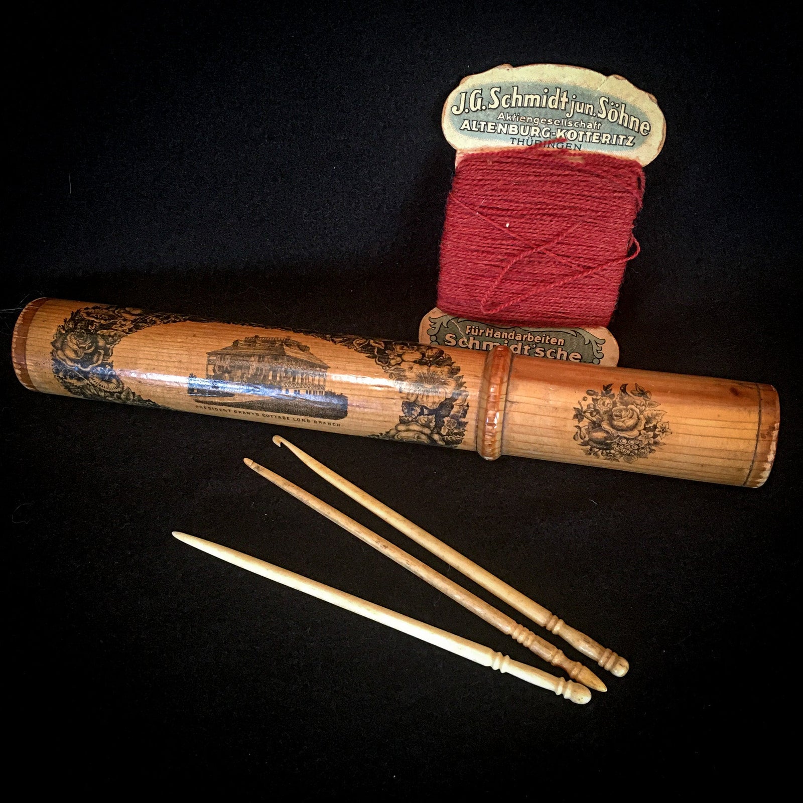 1880’s – 1910’s Mauchline Ware Needle Case with 3 Bone Crochet Hooks