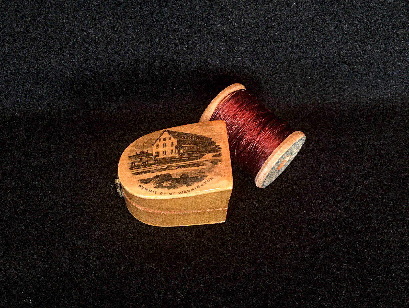 1880’s – 1910’s Mauchline Ware Thimble Holder with Simons Bros Sterling Silver Thimble