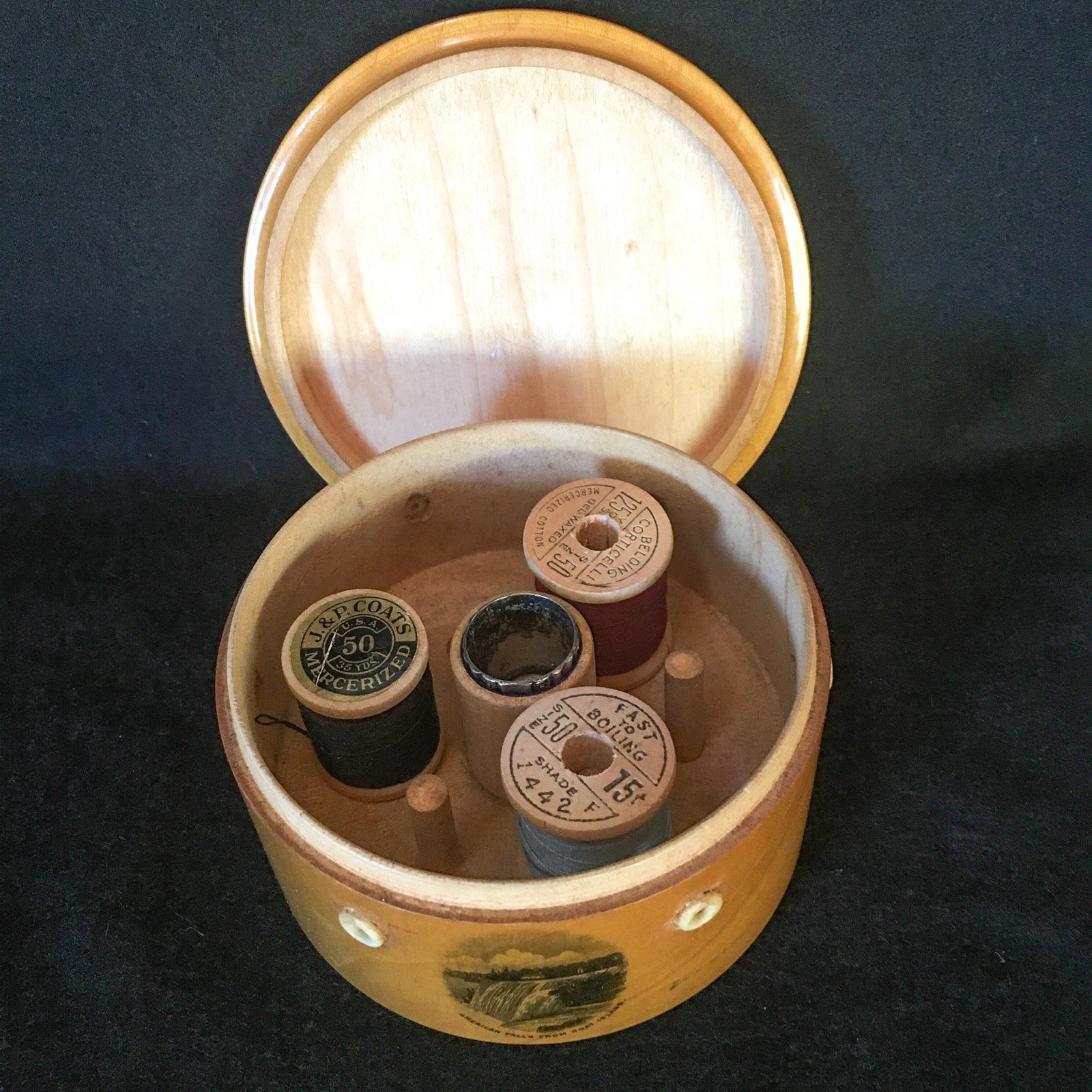 1880’s – 1910’s Mauchline Ware Spool Holder with Sterling Silver Thimble and Wooden Spools