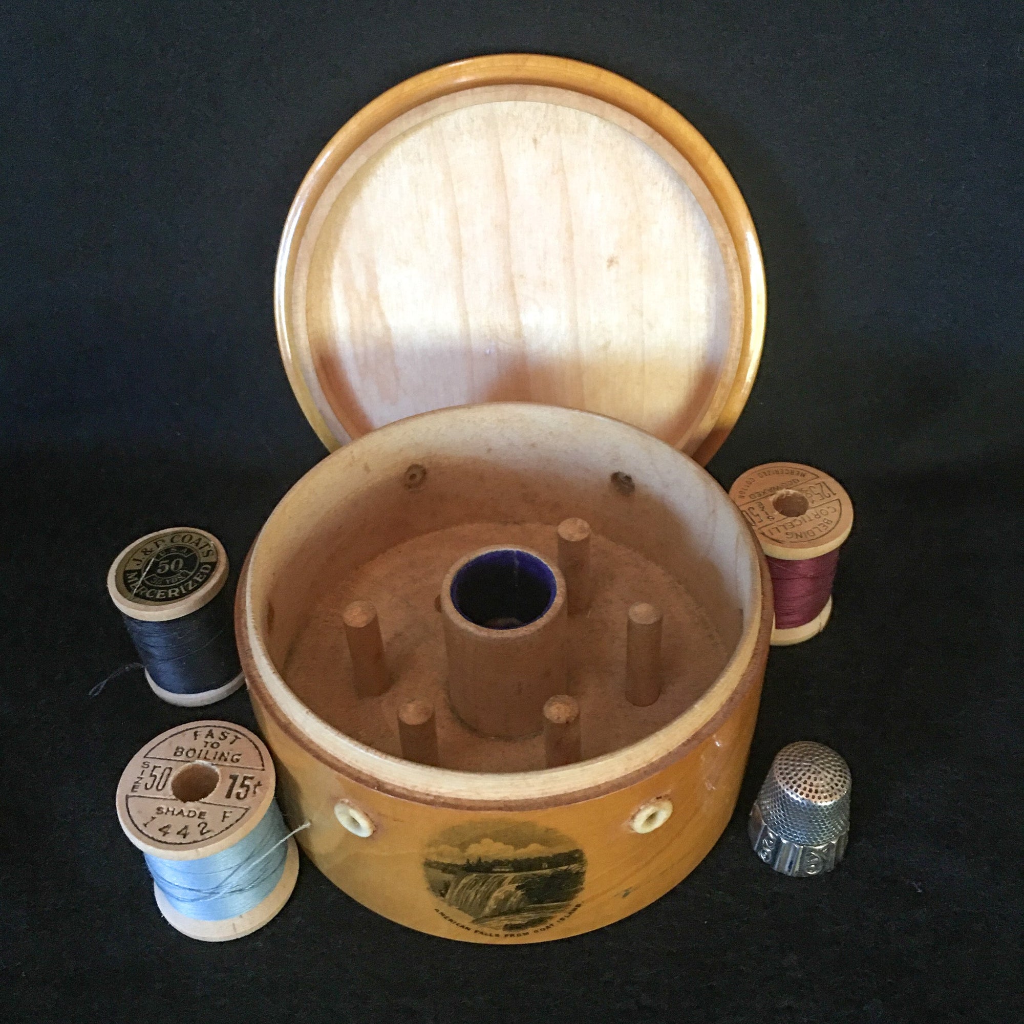 1880’s – 1910’s Mauchline Ware Spool Holder with Sterling Silver Thimble and Wooden Spools