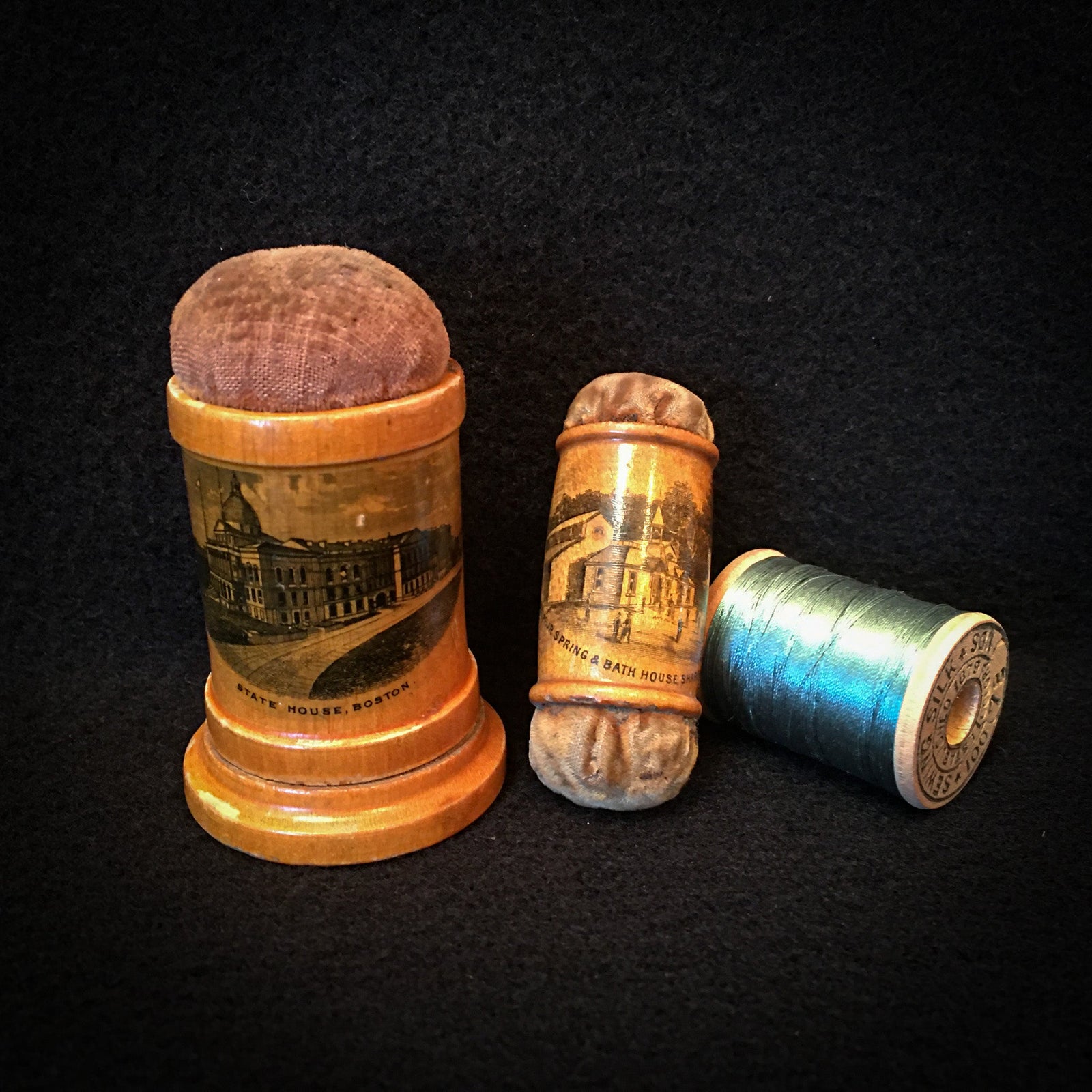 1880’s – 1910’s Mauchline Ware Thimble Holder with Pincushion, Sterling Silver Thimble and Double Ended Pincushion