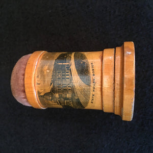 1880’s – 1910’s Mauchline Ware Thimble Holder with Pincushion, Sterling Silver Thimble and Double Ended Pincushion
