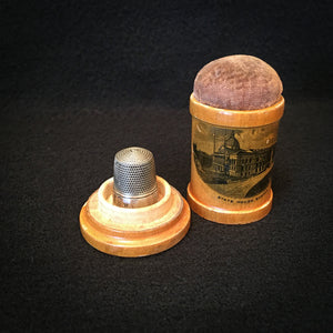 1880’s – 1910’s Mauchline Ware Thimble Holder with Pincushion, Sterling Silver Thimble and Double Ended Pincushion