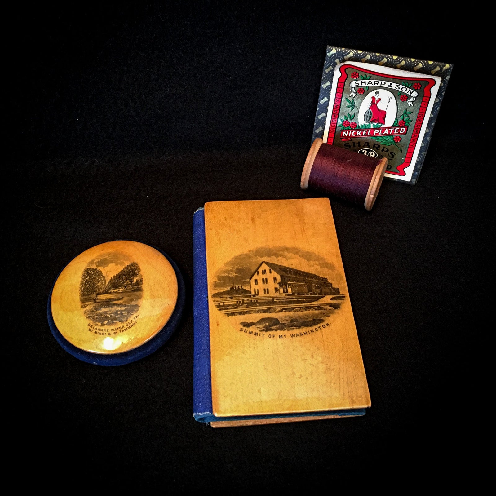 1880’s – 1910’s Mauchline Ware Needle Book and Pin Disk
