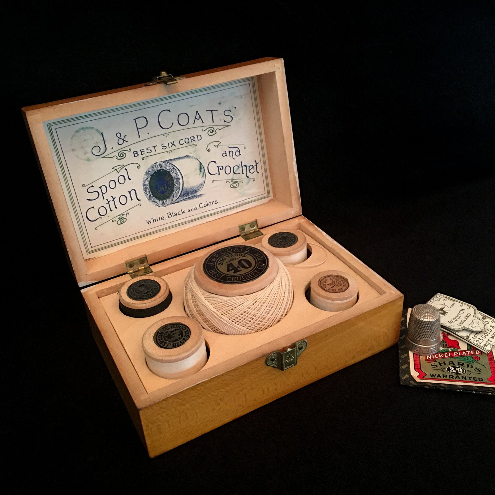 1880’s – 1910’s Mauchline Ware J&P Coats Thread Box with Original Thread, Never Used!