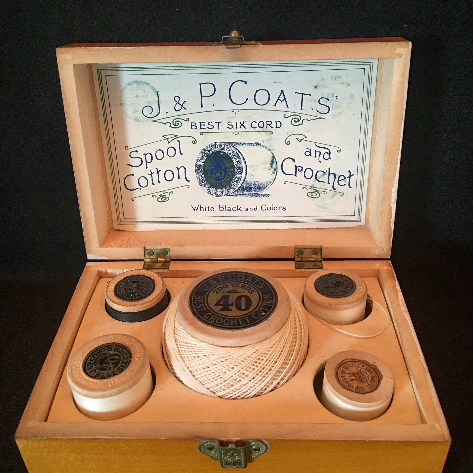 1880’s – 1910’s Mauchline Ware J&P Coats Thread Box with Original Thread, Never Used!