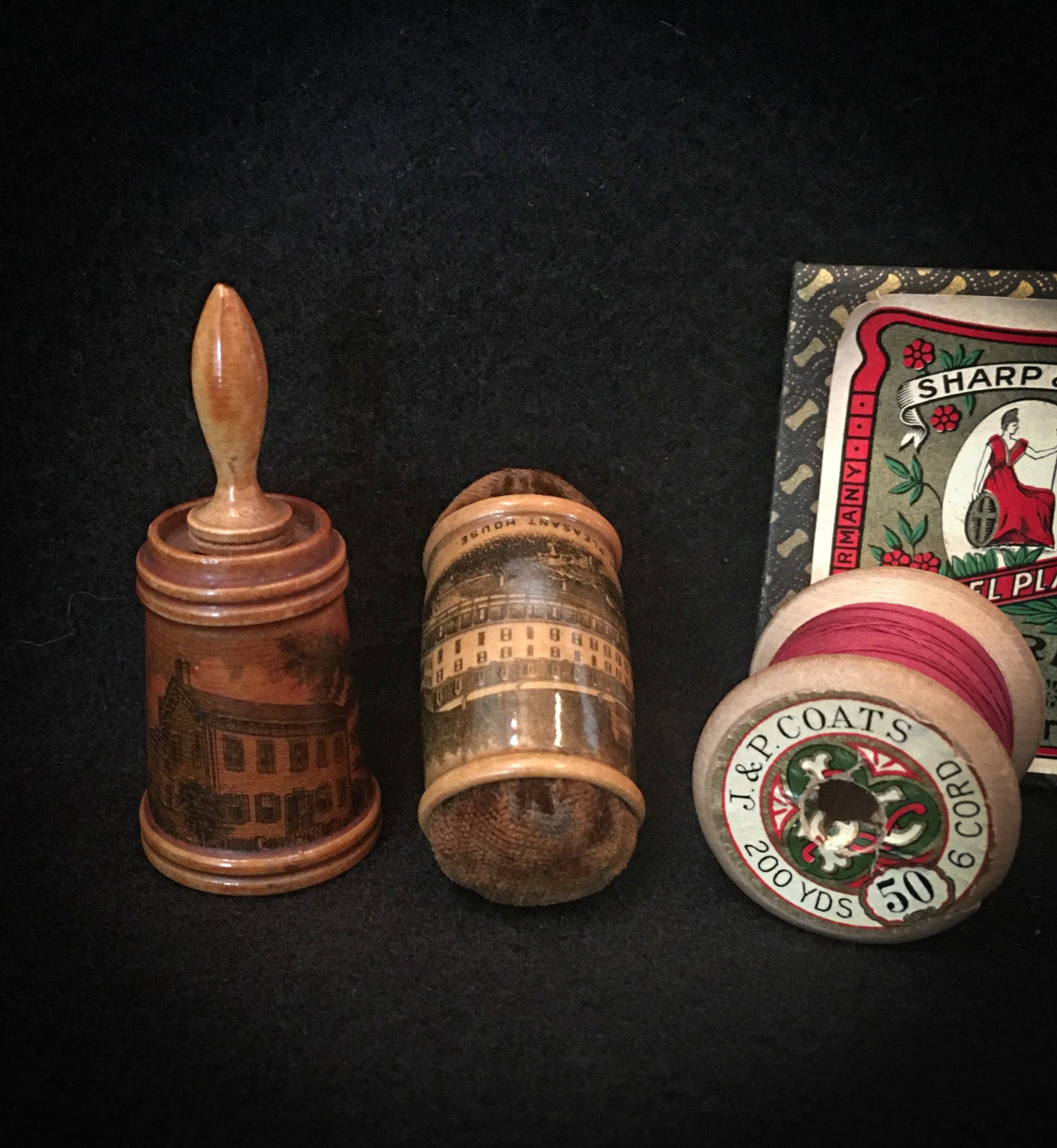 1880’s – 1910’s Mauchline Ware Butter Churn Shaped Measuring Tape and Double Ended Pincushion
