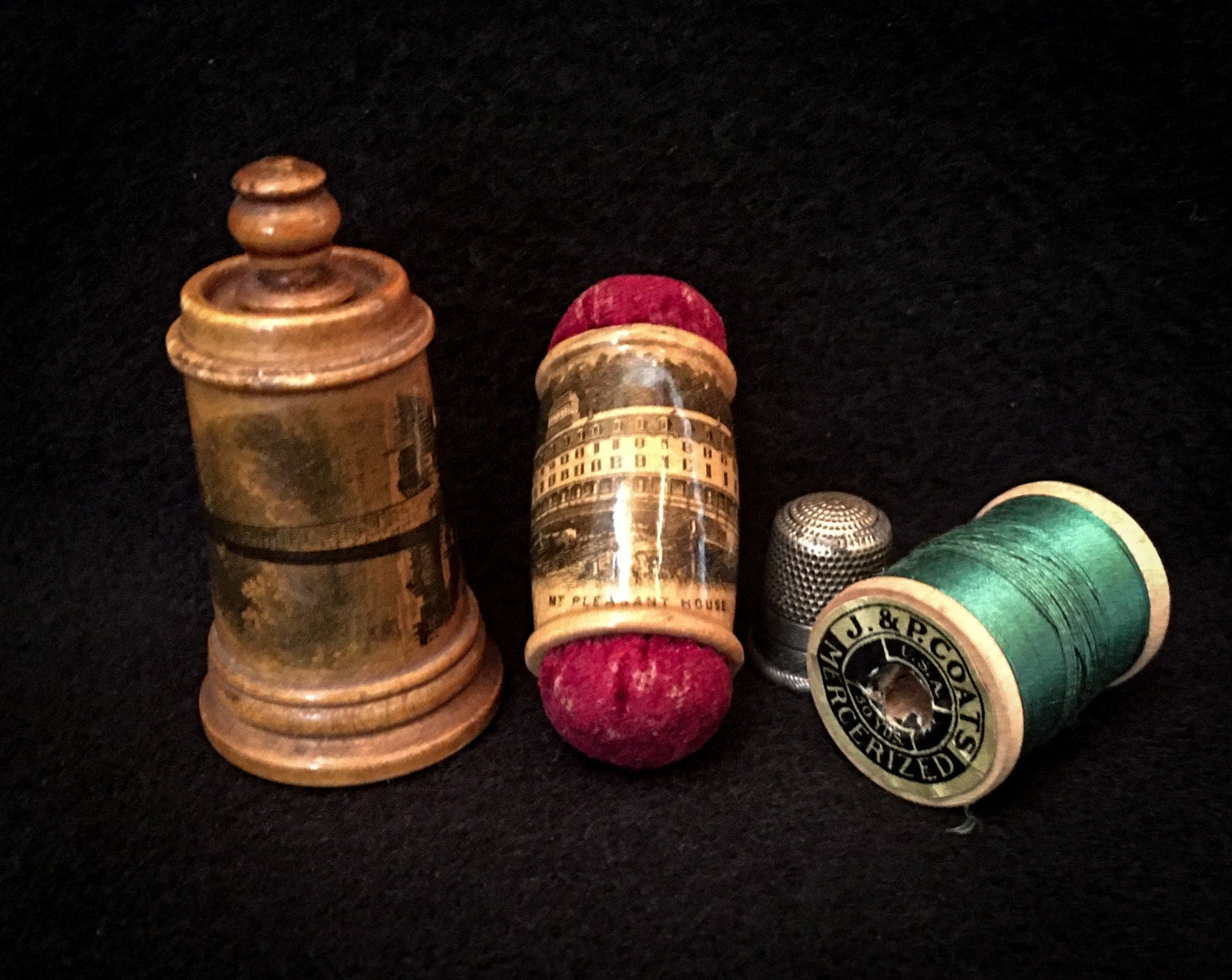 1880’s – 1910’s Mauchline Ware Tape Measure and Double Ended Pincushion