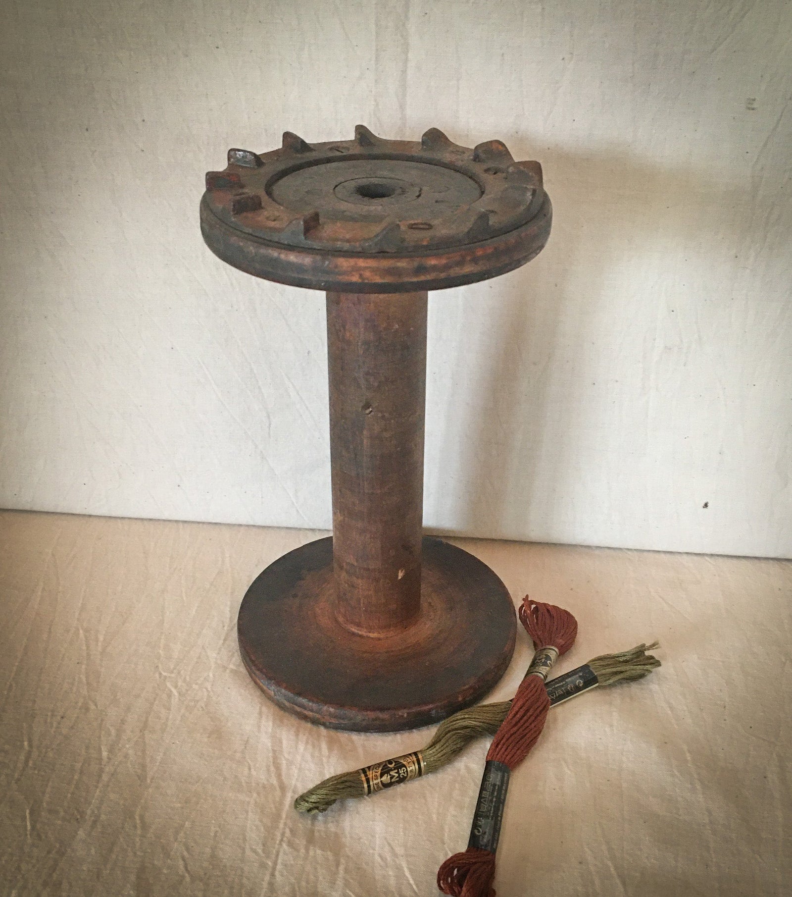 Large Wooden Spool with Metal Gears on End, 8” Long