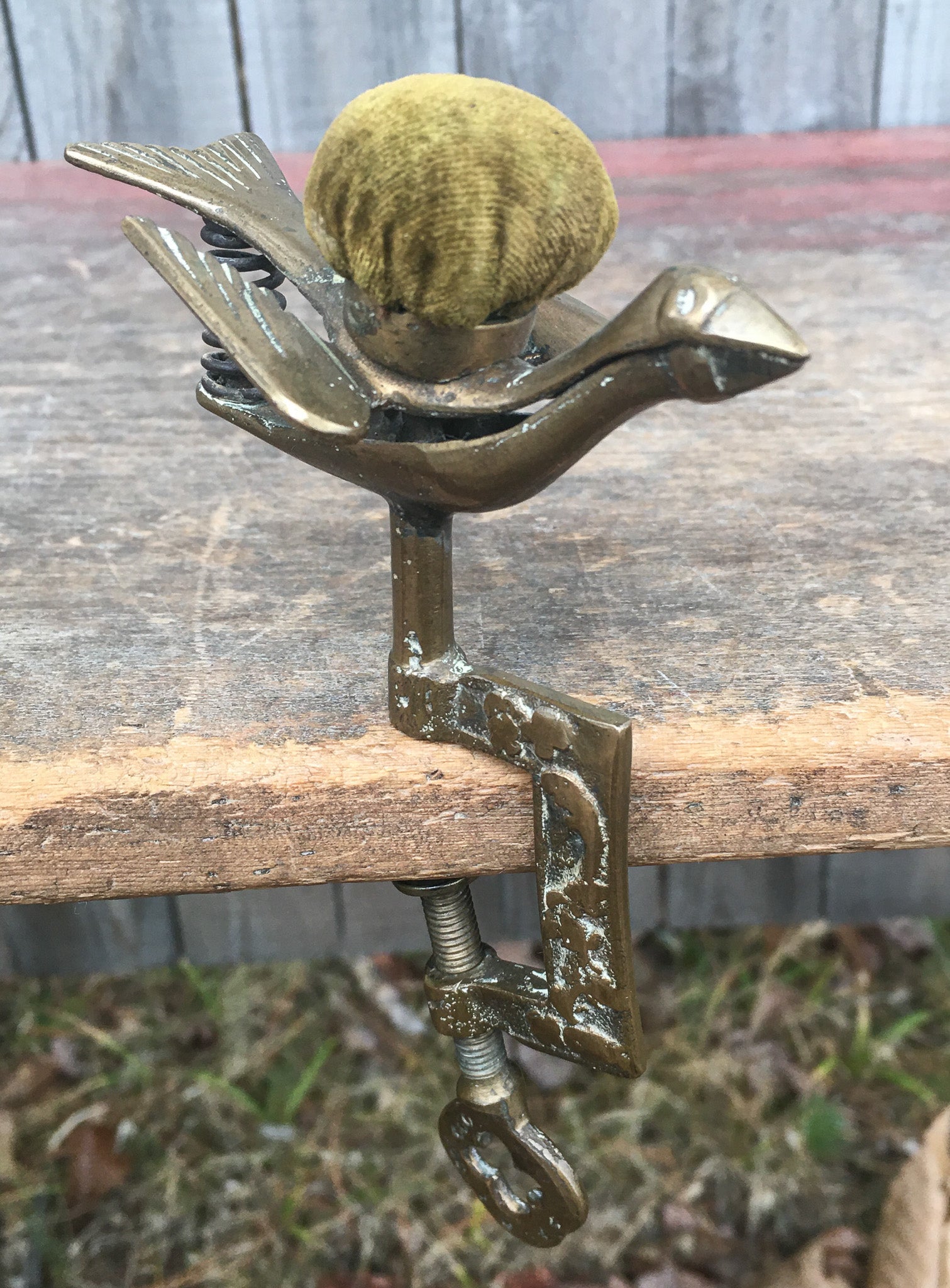 1850’s Victorian Solid Brass Sewing Bird with Original Velvet Pincushion