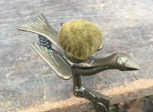 1850’s Victorian Solid Brass Sewing Bird with Original Velvet Pincushion