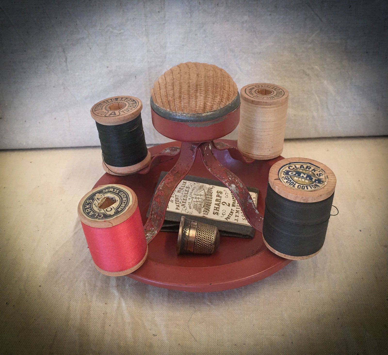 Mid-Century Metal Spool Holder with Original Corduroy Pin Cushion