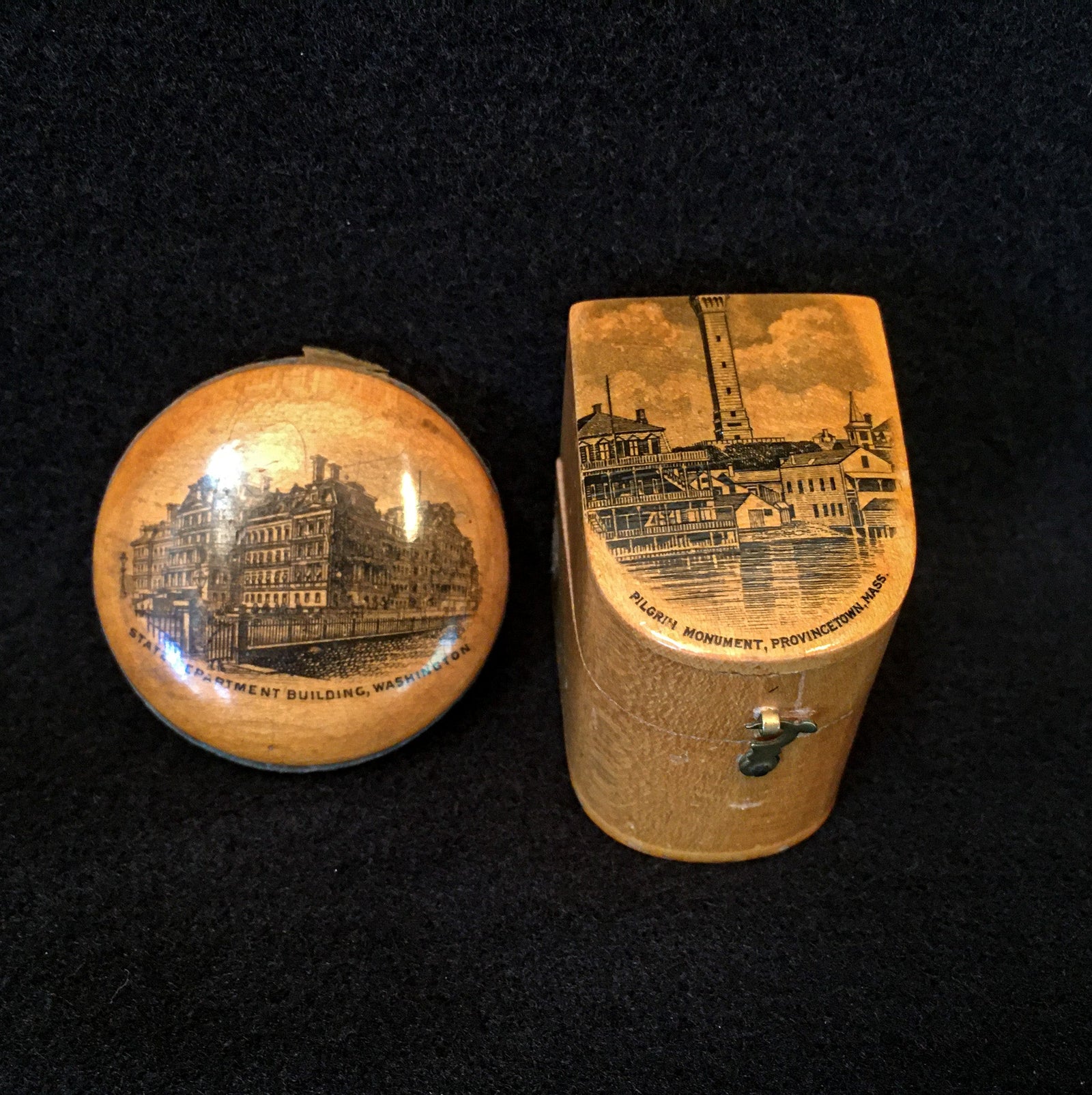 1880’s – 1910’s Mauchline Ware Thimble Holder with Sterling Silver Thimble, Pin Disk