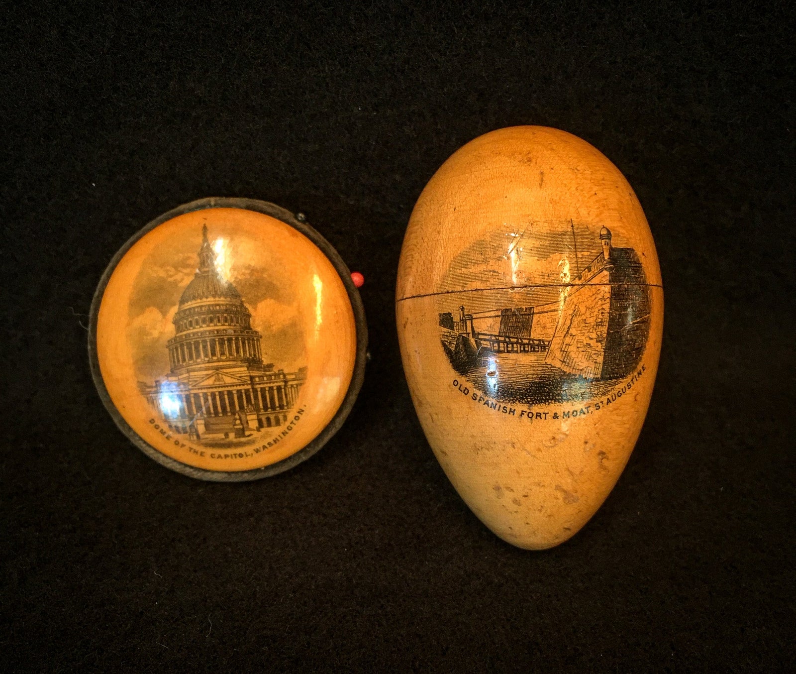 1880’s – 1910’s Mauchline Ware Pin Disc and Sewing Egg