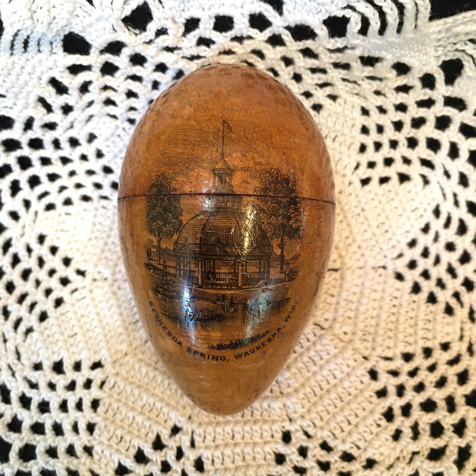 1880’s – 1910’s Mauchline Ware Sewing Egg with Kit