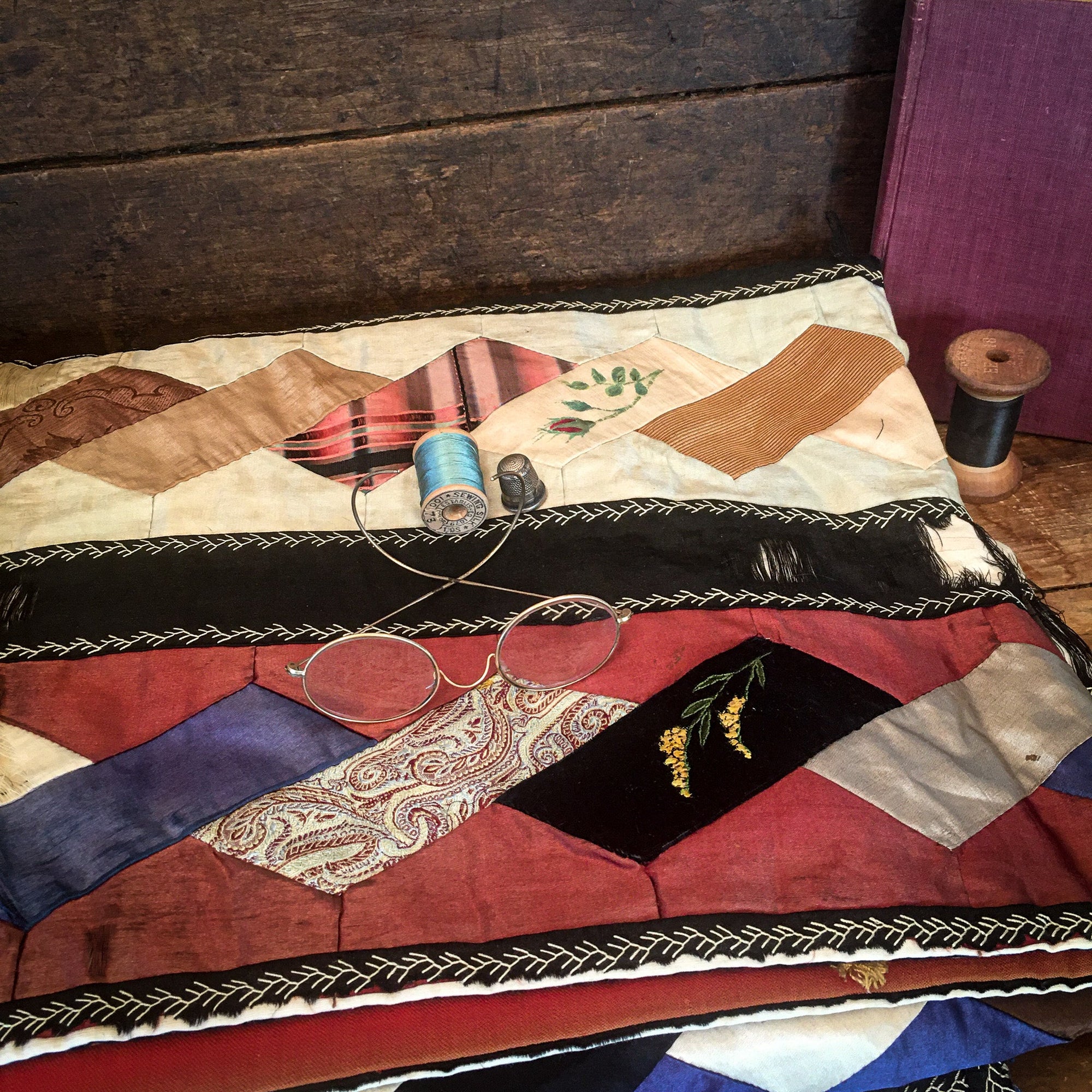 Antique Quilt, Silk and Velvet with Original Artwork, Hand Painted