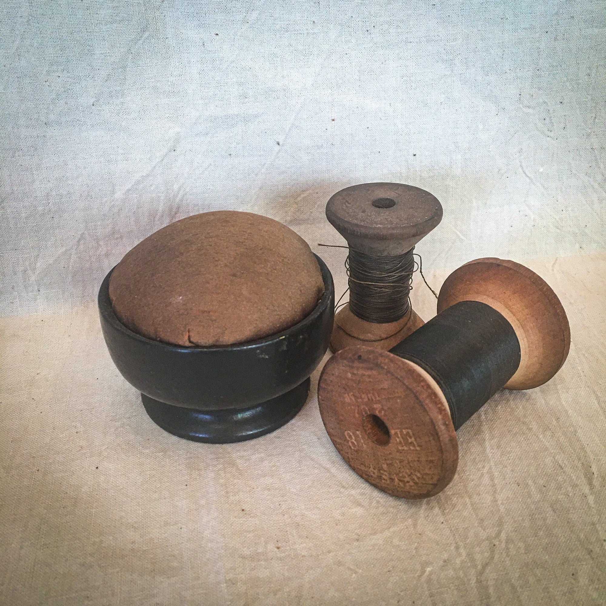Vintage Silk and Wood Pin Cushion with 2 Wooden Thread Spools