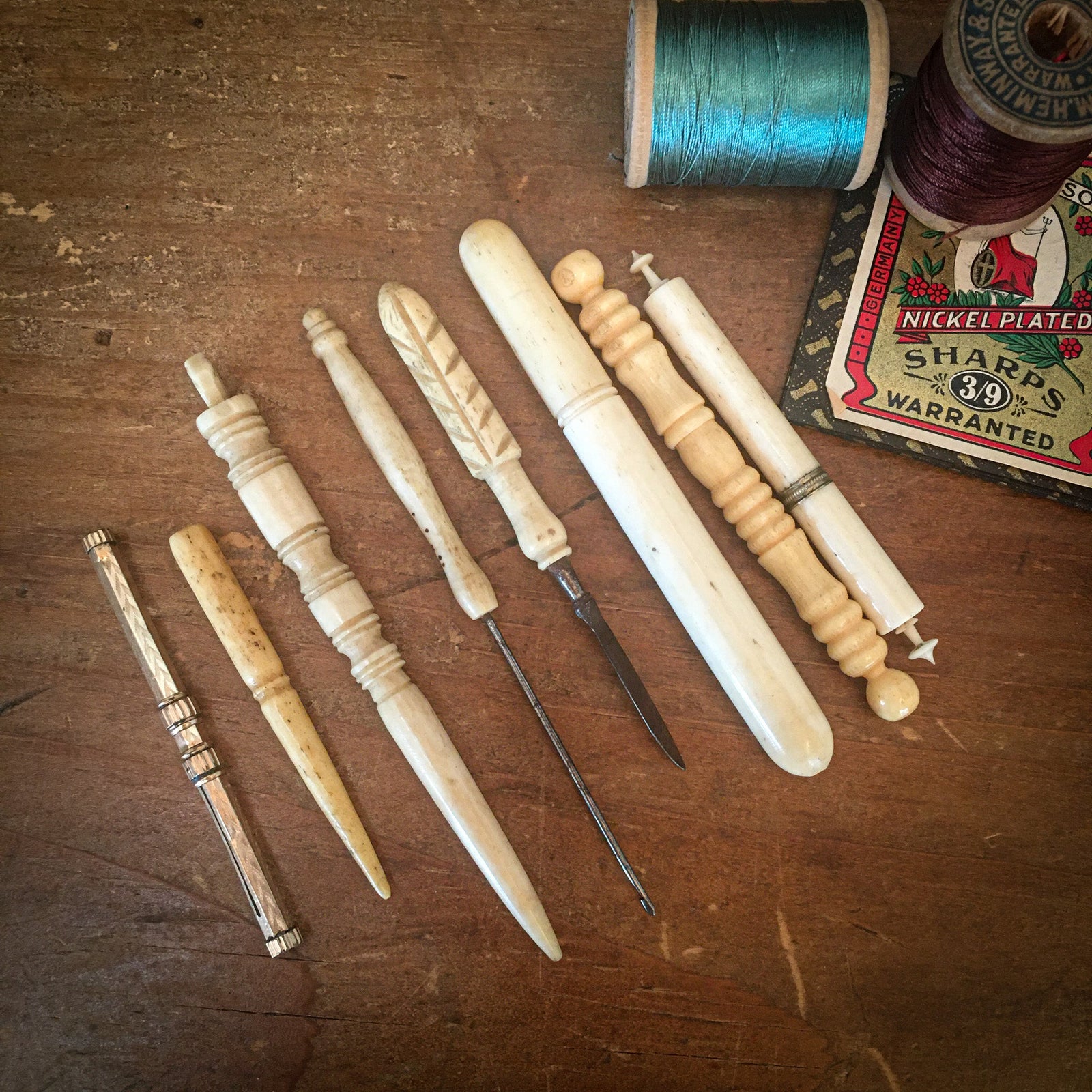 Set of 8 Victorian Sewing Items, Carved Bone and Gold Plated