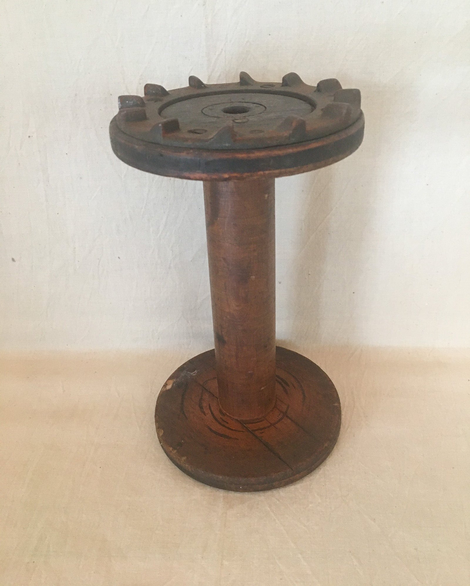 Large Wooden Spool with Metal Gears on End, 8” Long