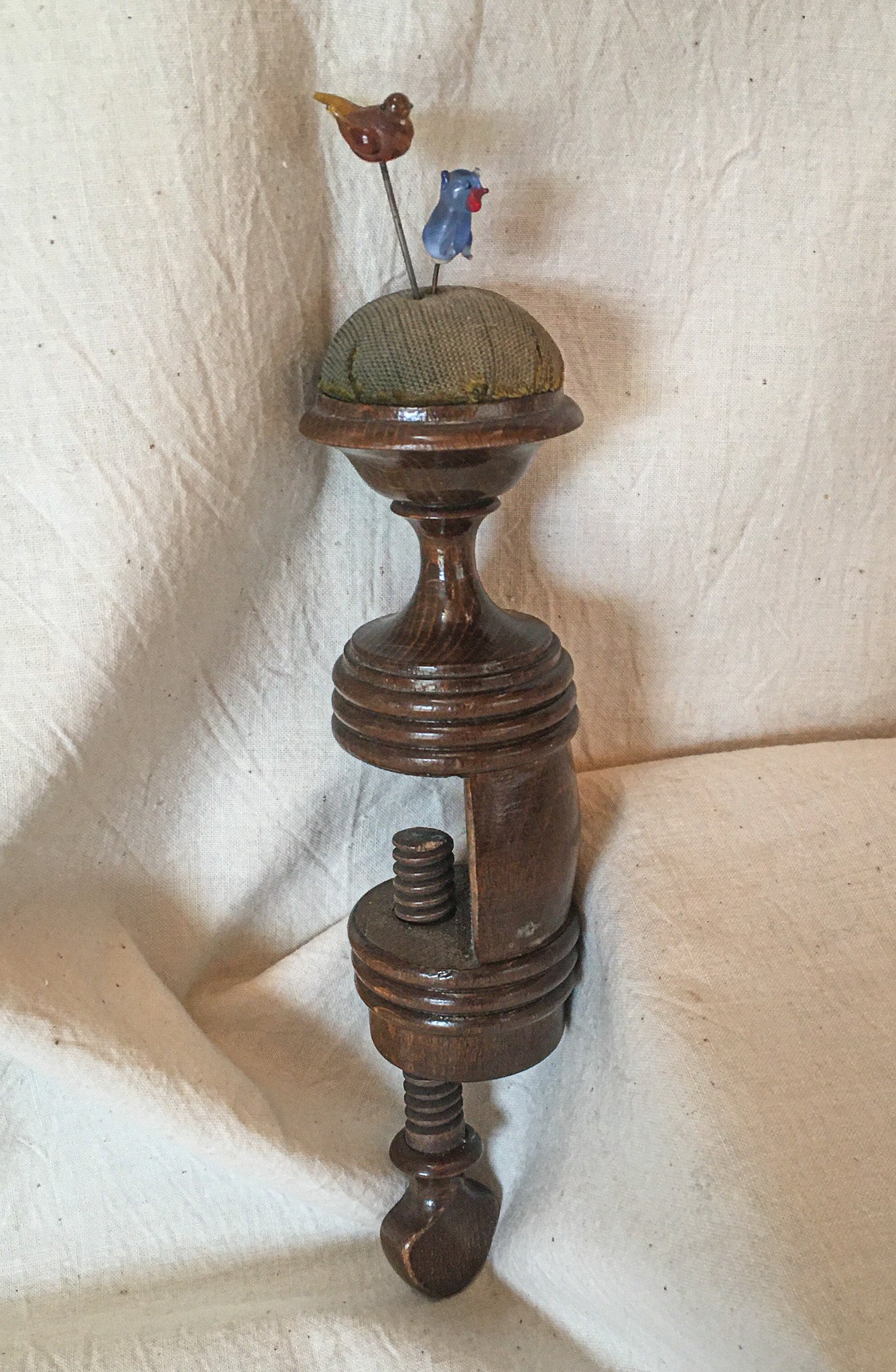 Antique Wooden Sewing Clamp with Original Pin Cushion and 2 Blown Glass Pins