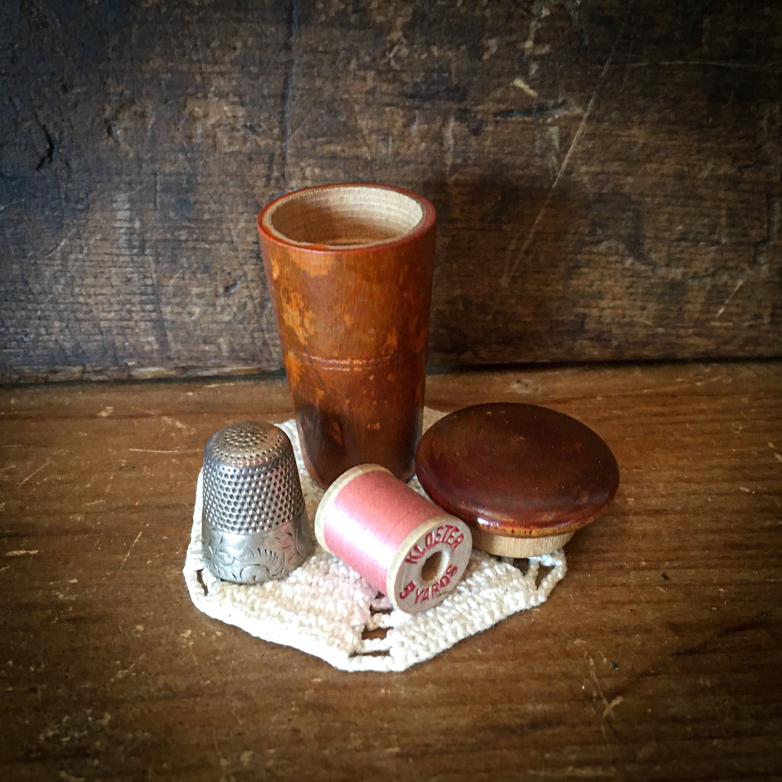 Treenware Thimble Holder/Sewing Kit with Sterling Silver Thimble