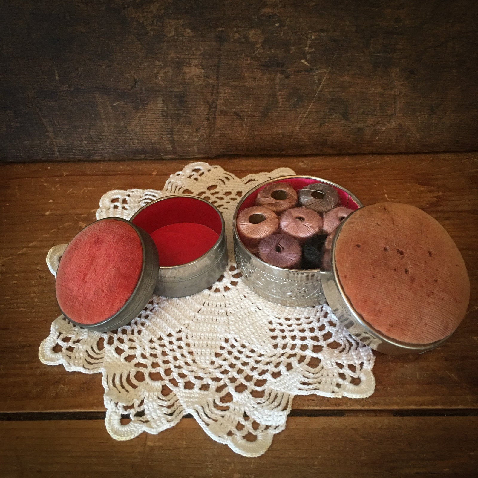 Mid Century Pin Cushions, Pin Keeps, Spool Holder – Set of 2