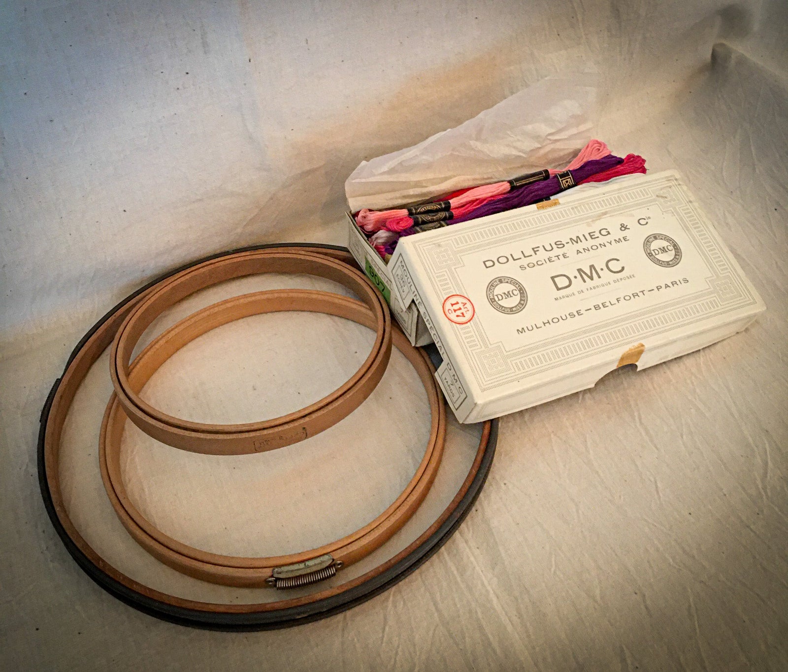 Set of 3 Vintage Embroidery Hoops and Vintage DMC Floss