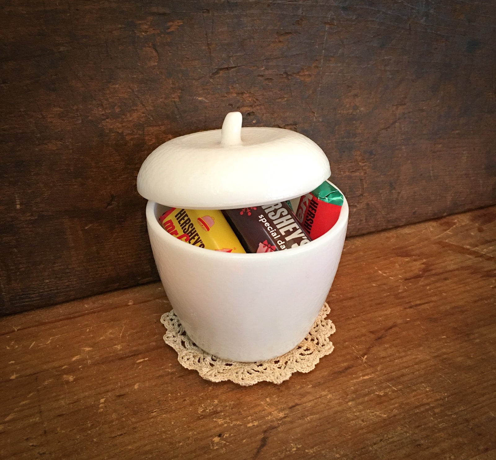Mid Century Hazel Atlas Milk Glass Apple Jar, White!