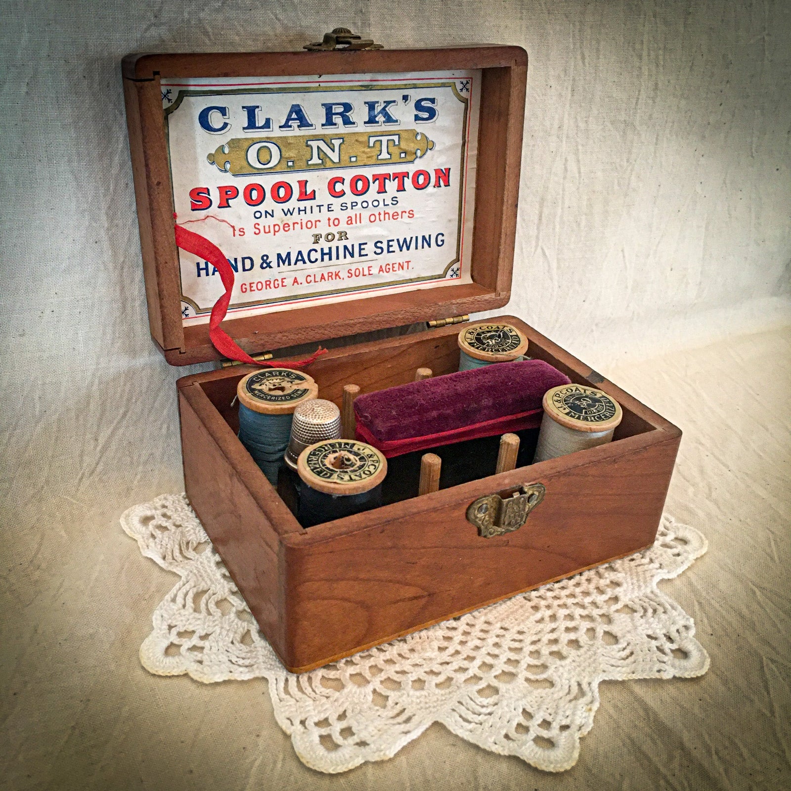 1880’s – 1890’s Mauchlineware Clark’s ONT Spool Cotton Box