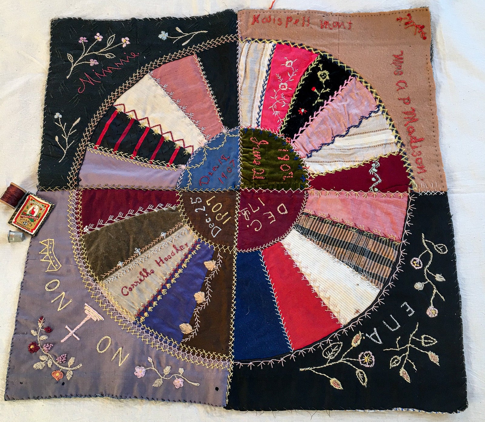 1907 Signed Quilt Square, Handstitched and Embroidered
